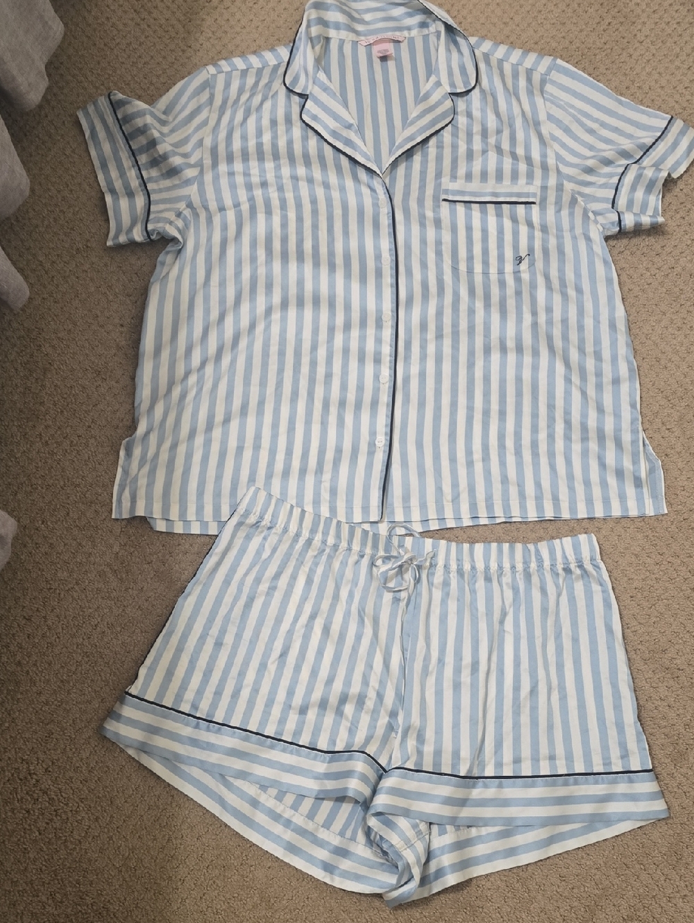 Victoria's Secret Light Blue & White Striped Sleep Shirt L